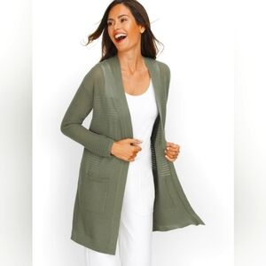 T by Talbots Cotton Mixed Stitch Open Front Duster Lightweight Pocket Cardigan